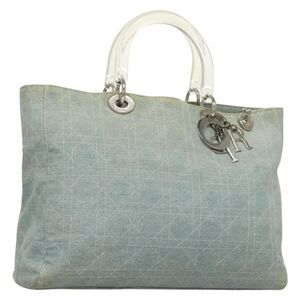 Christian Dior Vintage Lady Dior Cannage Quilt Denim Blue Canvas Tote Bag Bag